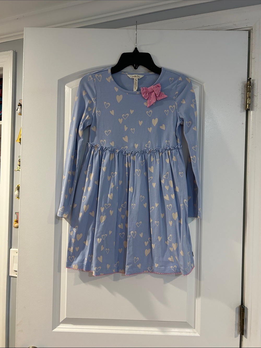 Girls Matilda Jane Light Blue Heart Print Long-Sleeve Dress with Pink Bow